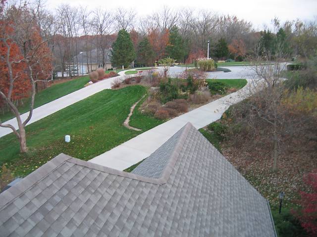 View from roof of old satellite dish location (and trench scar in lawn)